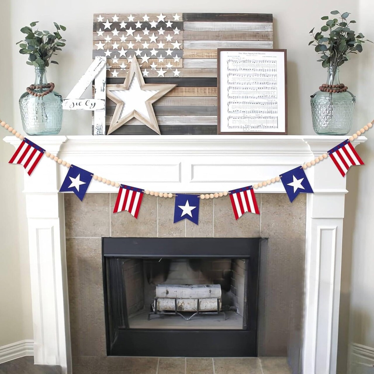 4th of July Patriotic American Flag Wood Bead Garland - Independence Day Decorations for Fireplace Mantle, Red White Blue Decor for Memorial Day, Veterans Day & Party Supplies